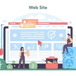 Air conditioning service online service or platform. Repairman installing, examining and repairing conditioner. Website. Vector illustration